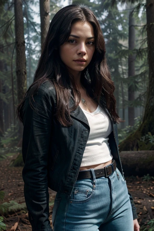 Lana Lang,Kristin Kreuk, Teen Wolf, 20 years old, long messy black hair, slim build, green eyes, black open jean jacket, white blouse, blue jean pants, blue belt, hanging black rose, forest background foggy