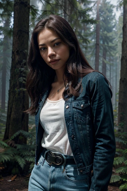 Lana Lang,Kristin Kreuk, Teen Wolf, 20 years old, long messy black hair, slim build, green eyes, black open jean jacket, white blouse, blue jean pants, blue belt, hanging black rose, forest background foggy