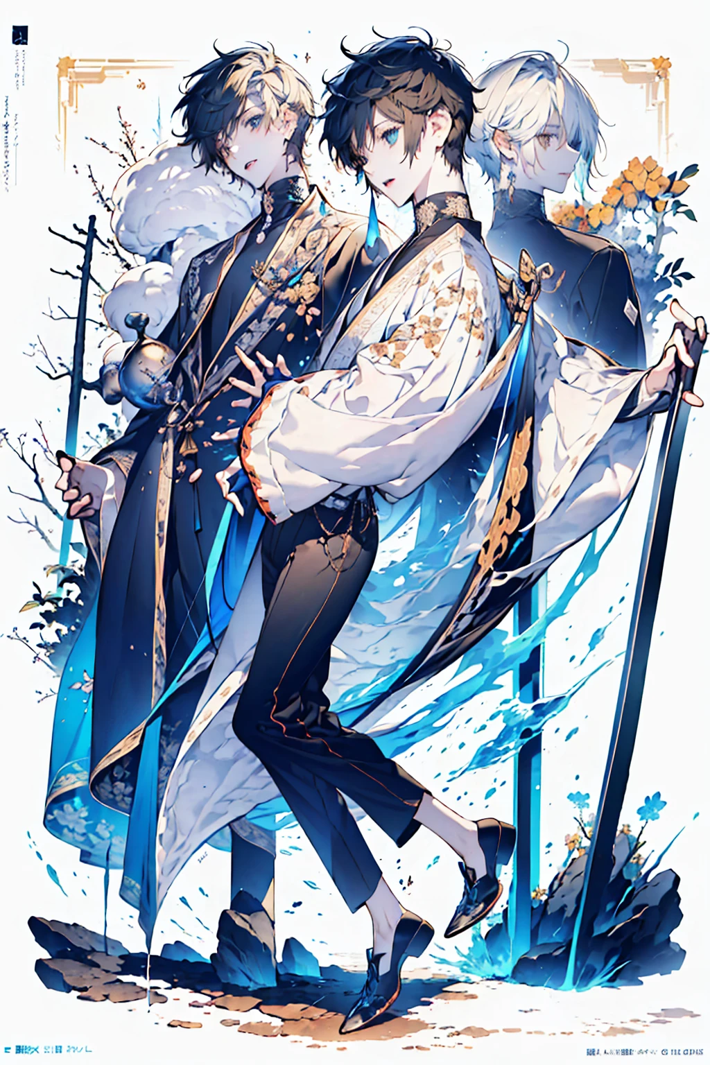 ((full body: 2)),((tachi-e:2.0)), ((UHD, masterpiece, super detail, best quality, highres, 8k)), (detailed line art), perfect face, perfect body, perfect hands, perfect feet.

Humans, around 20 years old, (2 males: 2.0), (twin males: 1.0), standing side by side, male idols, (simple background, magazine cover style), (facing forward)

Features of the first person
gentle atmosphere, (light brown hair close to gold, short hair upturned eyebrows, droopy eyes, light blue eyes, thin lips), (male idol style clothing, white top, dress shirt, shirt with exposed collarbone, no jacket, fluffy shirt, ribbon decoration, white pants, high-waisted pants, white belt, white shoes), (ribbon choker, white choker), (angelic atmosphere: 0.5), (facing forward)

Features of the second person
cool atmosphere, (black hair, short hair upturned eyebrows, upturned eyes, light blue eyes, thin lips), (male idol style clothing, black top, high-neck shirt, short jacket, neat jacket, belt decoration, black pants, black belt, black shoes, black earrings), (devilish atmosphere: 0.5), (facing forward)