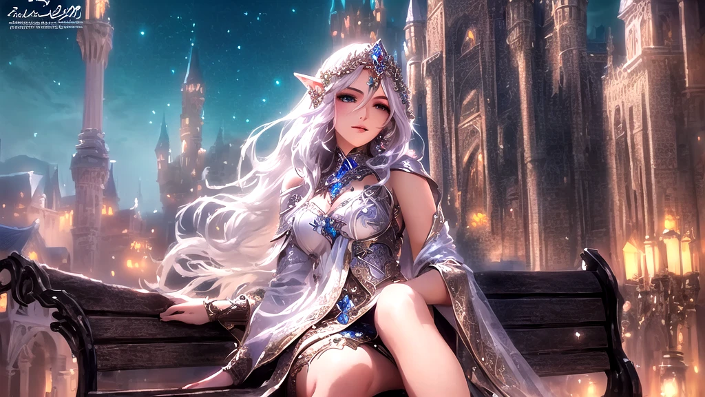 Arabic style portrait of a woman sitting on a bench in front of a castle, Beautiful fantasy anime, Detailed fantasy digital animation, Fantasy anime style, epic Fantasy anime style hd, Detailed fantasy anime, Beautiful and elegant elven queen, 2. 5d cgi anime fantasy artwork, Epic fantasy digital art style, Fantasy-style anime, Very beautiful fantasy art、16：9