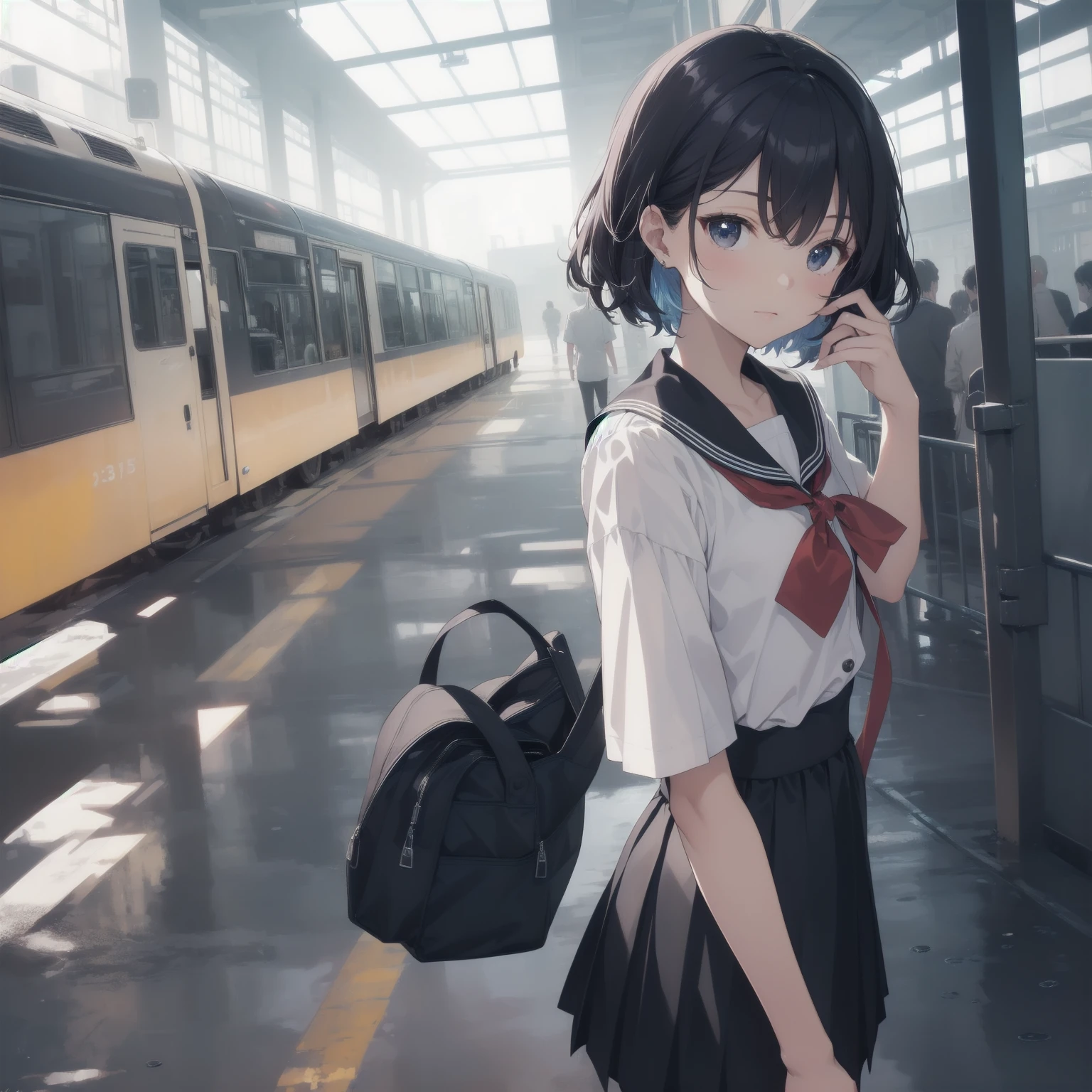 ultra-absurdres-Top quality by artist God, ultra-detailed, high resolution, anime moe artstyle, best anime 8k konachan wallpaper, pixiv contest winner, pool:2810, perfect anatomy,break, 1girl, (Please draw a girl walking sleepily to school alone. )break,(Solo,little female, 13-year-old:1.3),Full limbs, complete fingers,a junior high school student, (very short hair), short cut, flat chest, , small butt, small black eyes, beautiful detailed eyes, well-proportioned iris and pupils, expressive eyes, highres detailed hair, soft expression, salor school_uniform, sailor collar, serahuku, bow, pleated skirt,(Detailed Lighting), (Detailed background), in the School commute route. break,super detailed skin, Best cinematic lighting powered by famous artist, 8k,beauty illustration,photoshop_(medium),very aesthetic,break,((artist:beni_shake )), artist:clamp ,artist:carnelian ,artist:kantoku ,
