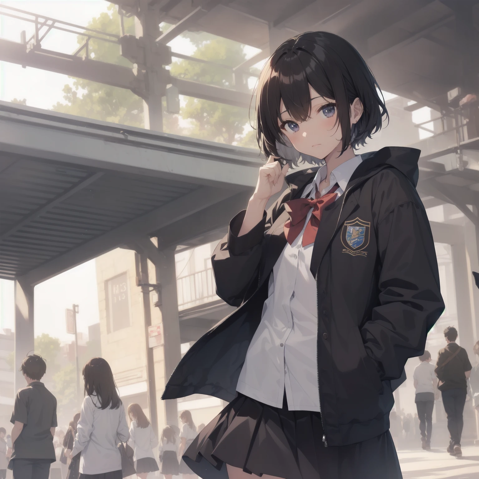 ultra-absurdres-Top quality by artist God, ultra-detailed, high resolution, anime moe artstyle, best anime 8k konachan wallpaper, pixiv contest winner, pool:2810, perfect anatomy,break, 1girl, (Please draw a girl walking sleepily to school alone. )break,(Solo,little female, 13-year-old:1.3),Full limbs, complete fingers,a junior high school student, (very short hair), short cut, flat chest, , small butt, small black eyes, beautiful detailed eyes, well-proportioned iris and pupils, expressive eyes, highres detailed hair, soft expression, salor school_uniform, sailor collar, serahuku, bow, pleated skirt,(Detailed Lighting), (Detailed background), in the School commute route. break,super detailed skin, Best cinematic lighting powered by famous artist, 8k,beauty illustration,photoshop_(medium),very aesthetic,break,((artist:beni_shake )), artist:clamp ,artist:carnelian ,artist:kantoku ,