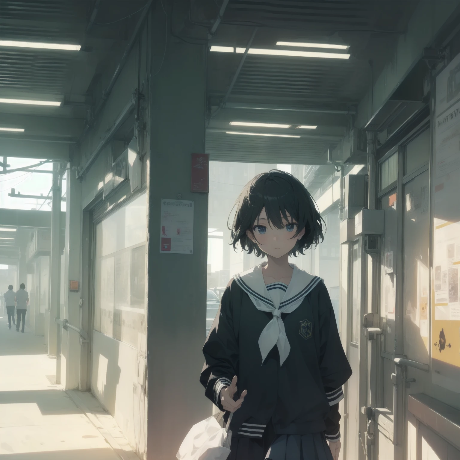 ultra-absurdres-Top quality by artist God, ultra-detailed, high resolution, anime moe artstyle, best anime 8k konachan wallpaper, pixiv contest winner, pool:2810, perfect anatomy,break, 1girl, (Please draw a girl walking sleepily to school alone. )break,(Solo,little female, 13-year-old:1.3),Full limbs, complete fingers,a junior high school student, (very short hair), short cut, flat chest, , small butt, small black eyes, beautiful detailed eyes, well-proportioned iris and pupils, expressive eyes, highres detailed hair, soft expression, salor school_uniform, sailor collar, serahuku, bow, pleated skirt,(Detailed Lighting), (Detailed background), in the School commute route. break,super detailed skin, Best cinematic lighting powered by famous artist, 8k,beauty illustration,photoshop_(medium),very aesthetic,break,((artist:beni_shake )), artist:clamp ,artist:carnelian ,artist:kantoku ,