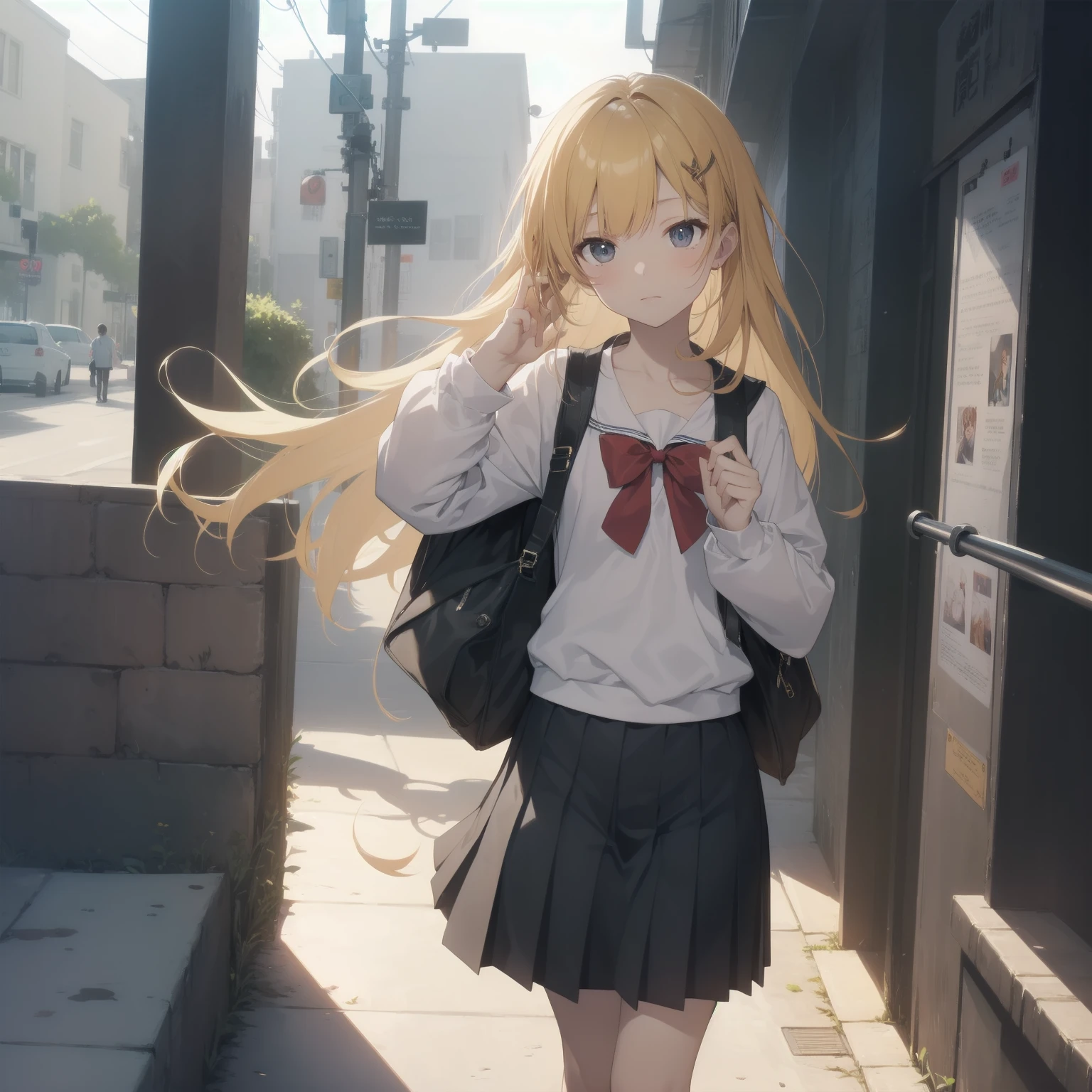 ultra-absurdres-Top quality by artist God, ultra-detailed, high resolution, anime moe artstyle, best anime 8k konachan wallpaper, pixiv contest winner, pool:2810, perfect anatomy,break, 1girl, (Please draw a girl walking sleepily to school alone. )break,(Solo,little female, 13-year-old:1.3),Full limbs, complete fingers,a junior high school student, (very short hair), short cut, flat chest, , small butt, small black eyes, beautiful detailed eyes, well-proportioned iris and pupils, expressive eyes, highres detailed hair, soft expression, salor school_uniform, sailor collar, serahuku, bow, pleated skirt,(Detailed Lighting), (Detailed background), in the School commute route. break,super detailed skin, Best cinematic lighting powered by famous artist, 8k,beauty illustration,photoshop_(medium),very aesthetic,break,((artist:beni_shake )), artist:clamp ,artist:carnelian ,artist:kantoku ,