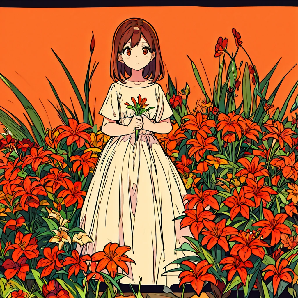 Orange plain background, lily flower, woman in white dress, brown hair, summer, nostalgic, simple