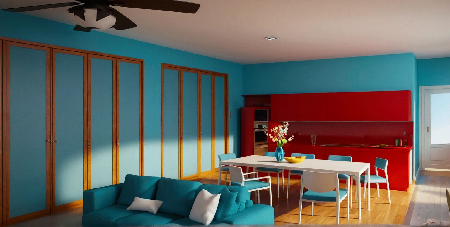 a rendering of a living room with a couch, table, and fan, 3 d rendering, 3d rendering, detailed rendering, 2 d render, comprehensive 2 d render, detailed 3d render, with 3 d render, detailed 3 d render, with 3d render, cg rendering, high detail 3 d render, very detailed render, wide establishing shot, 3 d renders