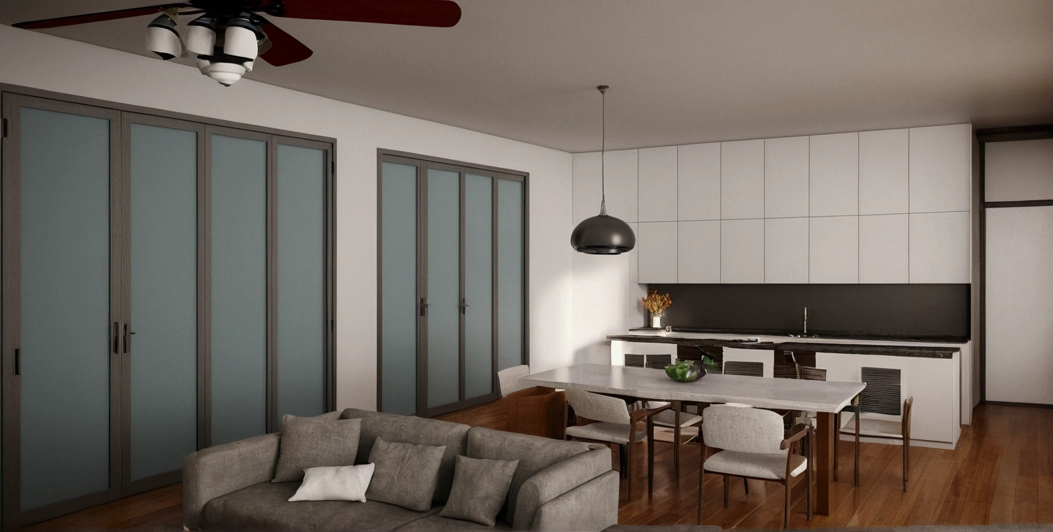 a rendering of a living room with a couch, table, and fan, 3 d rendering, 3d rendering, detailed rendering, 2 d render, comprehensive 2 d render, detailed 3d render, with 3 d render, detailed 3 d render, with 3d render, cg rendering, high detail 3 d render, very detailed render, wide establishing shot, 3 d renders