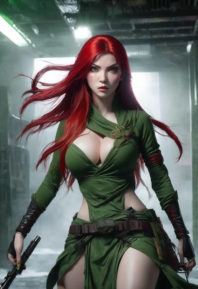 1 woman, inside a hand weapons room, wearing moss green ninja clothing, detailed facial features, green, feminine eyes, detailed white skin, very long red hair, image showing full body, large breasts, cleavage, dramatic lighting, composition cinematic, cold palette, dark colors, atmospheric fog, strong body, thin chin, (best quality, 4K, 8K, high resolution, art: 1.2), ultra-detailed, (realistic, photorealistic, photorealistic: 1, 37)