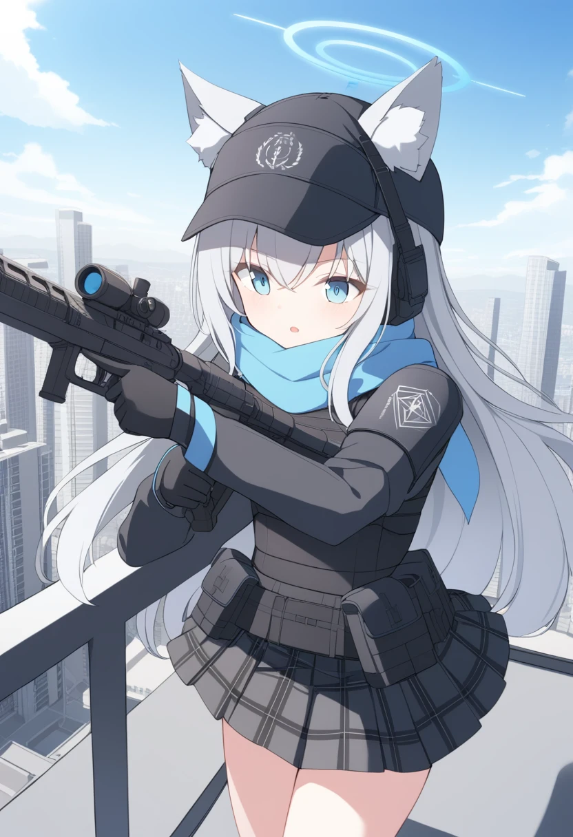 girl，Silver long hair, blue eyes, Wear body armor,Wearing a black mask，A sky blue scarf, Black gloves, And black plaid skirt, On the rooftop of a high-rise building，blue halo，Black Hat，Gray wolf ears，Holding a gun and aiming，With tactical headsets