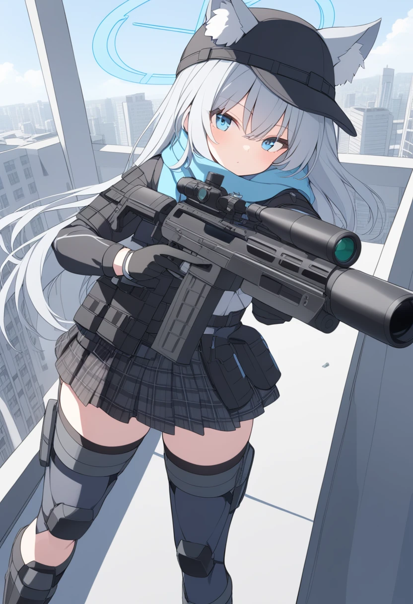 girl,Silver long hair, blue eyes, Wear body armor,Wearing a black mask,A sky blue scarf, Black gloves, And black plaid skirt, On the rooftop of a high-rise building,blue halo,Black Hat,Gray wolf ears,Holding a gun and aiming,With tactical headsets