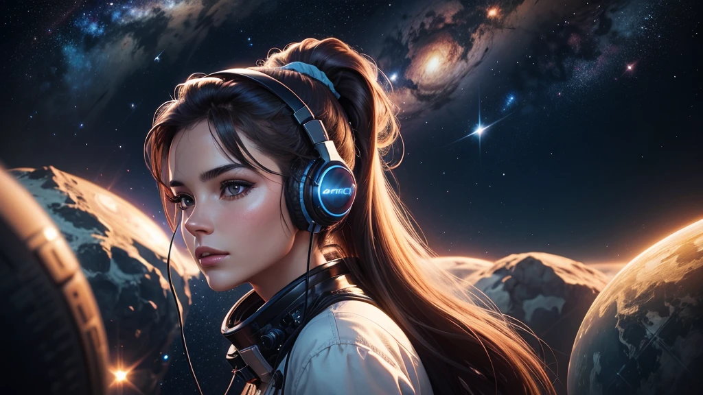 A beautiful foreign woman with a ponytail is listening to music with headphones surrounded by beautiful stars in space, 4k realistic illustration
