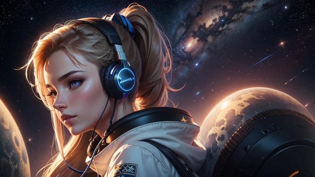 A beautiful foreign woman with a ponytail is listening to music with headphones surrounded by beautiful stars in space, 4k realistic illustration