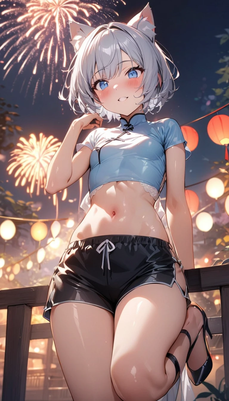 (((best quality)), ((masterpiece)), (details), masterpiece, best quality, high quality, ulutra detailed, perfect face, ((1girl, blue eyes, cat ears: 1.3 silver bob hair: 2.5,)) 、Shiny Hair、Glowing Skin、blush、Lustful look、Small breasts、I can see your toned stomach、Chinese style short sleeve,Don't go up and down、Chinese style shorts、Alluring expression,An inviting body、Hot flashes、Small breasts,Sidetiletto heels、Festivals、firework