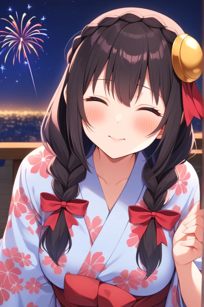 alone, One girl、Crown braids in the same color as your hair, hair ornaments, Hair Ribbon,(A light blue kimono with a red floral pattern and a red obi.)、Black Hair、(blush:1.7)、(With eyes closed, kissing the viewer:1.6)、Larger breasts、The background is fireworks at night