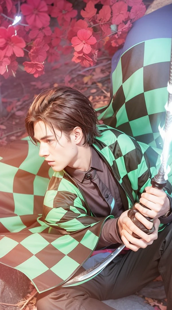 a boy brown hair holding a sword near a fire,Green and black plaid shirt, realistic photo ,cinematic