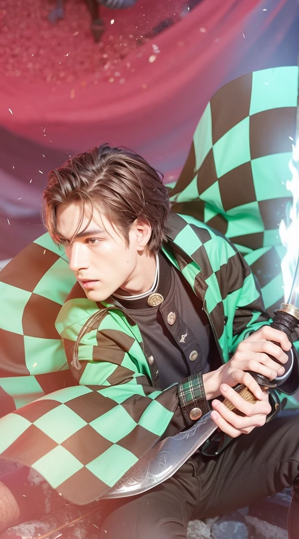 a boy brown hair holding a sword near a fire,Green and black plaid shirt, realistic photo ,cinematic