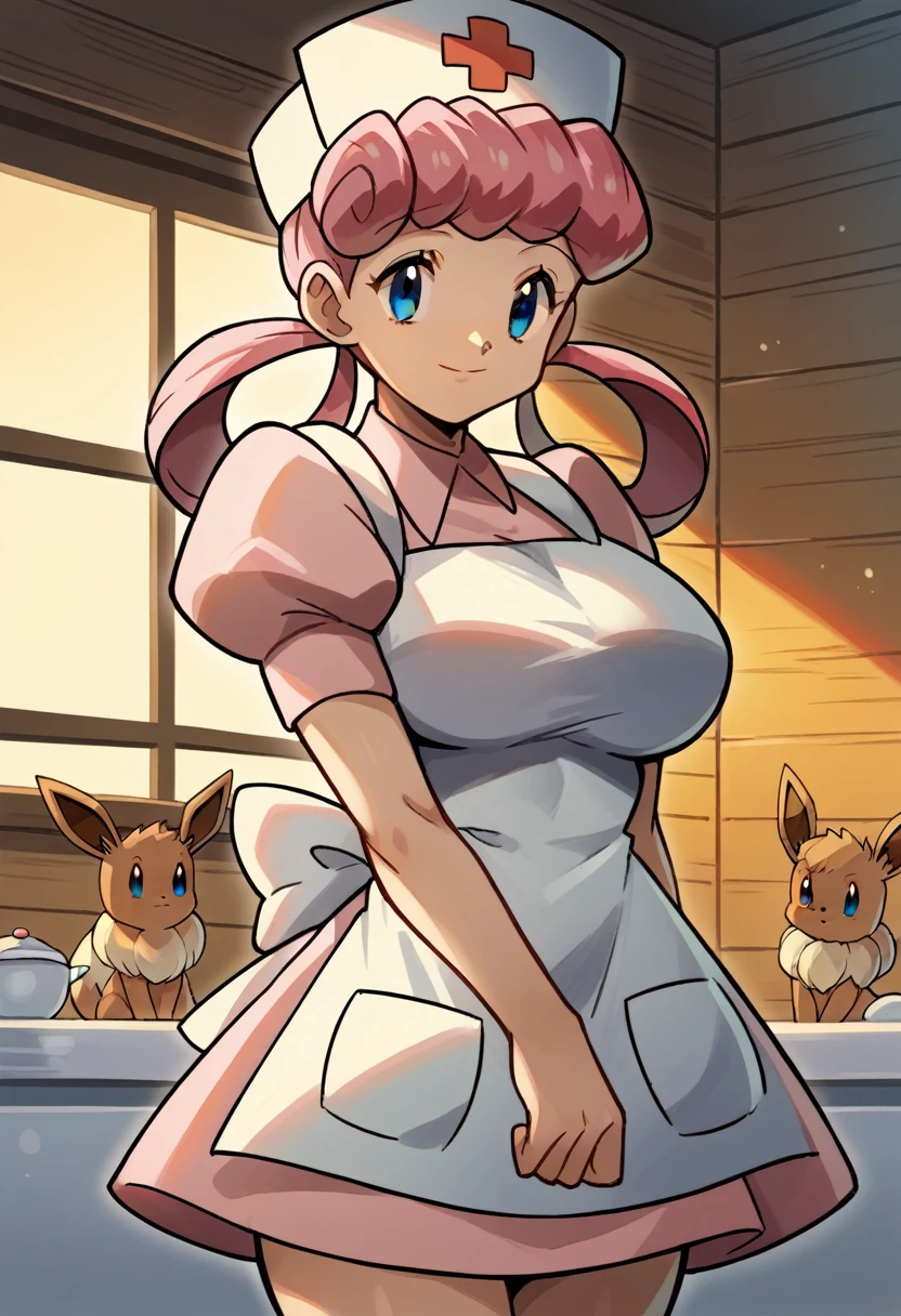 score_9, score_8_up,score_7_up, source_anime, 1girl, solo, eppknursejoy, pink hair, blue eyes, long hair, large breasts, hair rings, bumper bangs, looking at viewer, hat, dress, closed mouth, short sleeves, puffy sleeves, apron, puffy short sleeves, nurse cap, nurse, indoors, smile, infirmary, pokemon, pokemon \(creature\), eevee,