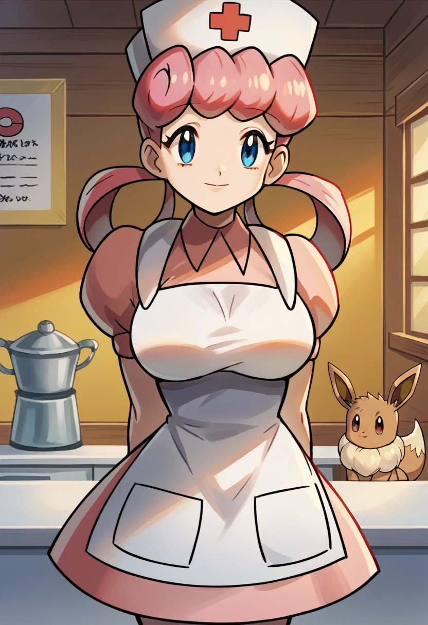 score_9, score_8_up,score_7_up, source_anime, 1girl, solo, eppknursejoy, pink hair, blue eyes, long hair, large breasts, hair rings, bumper bangs, looking at viewer, hat, dress, closed mouth, short sleeves, puffy sleeves, apron, puffy short sleeves, nurse cap, nurse, indoors, smile, infirmary, pokemon, pokemon \(creature\), eevee,