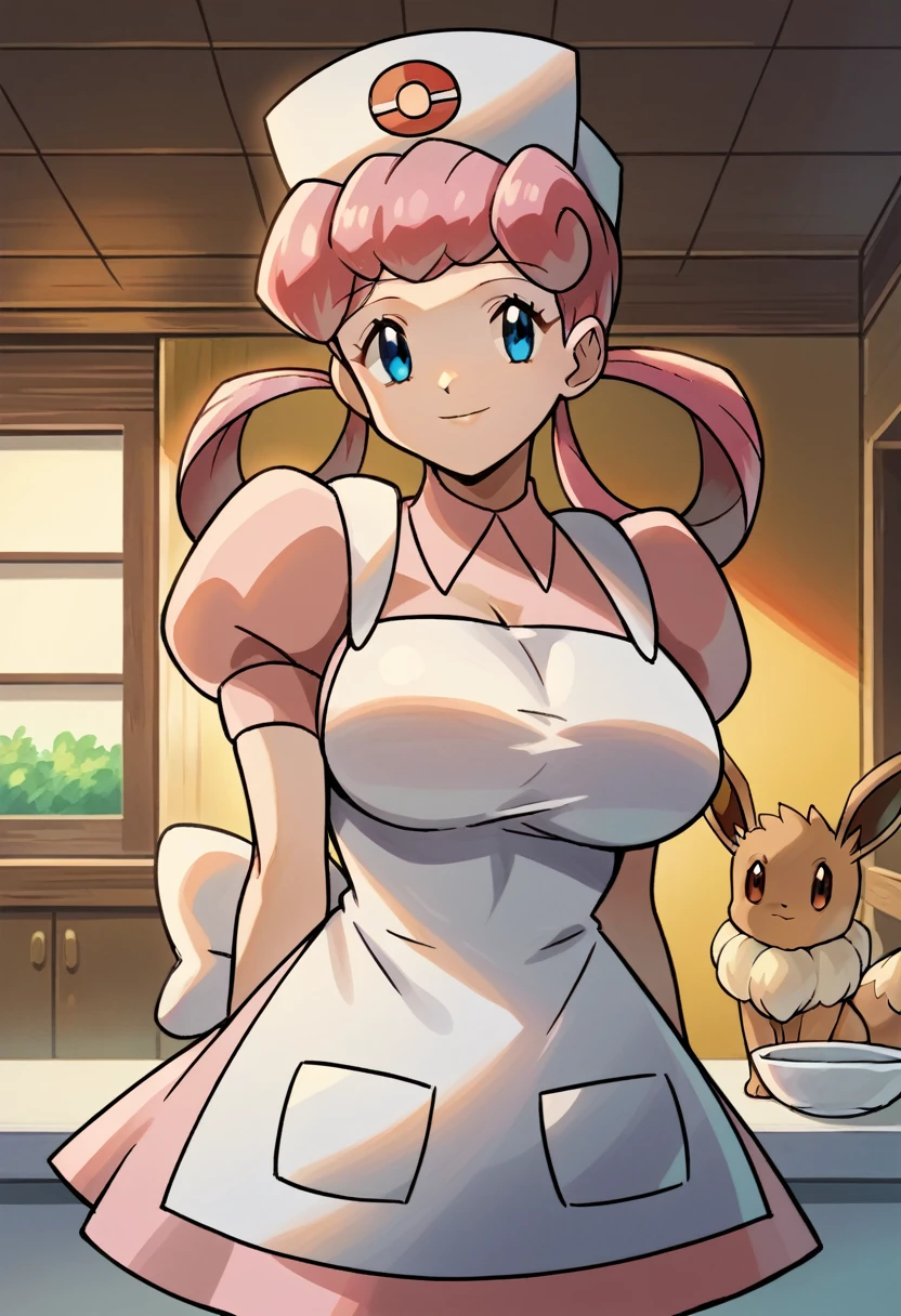 score_9, score_8_up,score_7_up, source_anime, 1girl, solo, eppknursejoy, pink hair, blue eyes, long hair, large breasts, hair rings, bumper bangs, looking at viewer, hat, dress, closed mouth, short sleeves, puffy sleeves, apron, puffy short sleeves, nurse cap, nurse, indoors, smile, infirmary, pokemon, pokemon \(creature\), eevee,