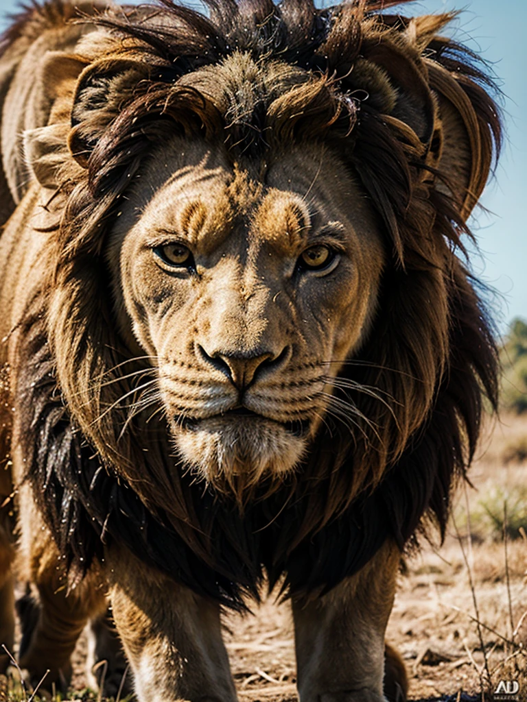 King lion in the wild stands on the year and growls, mane, high details, 16k, best quality, UHD