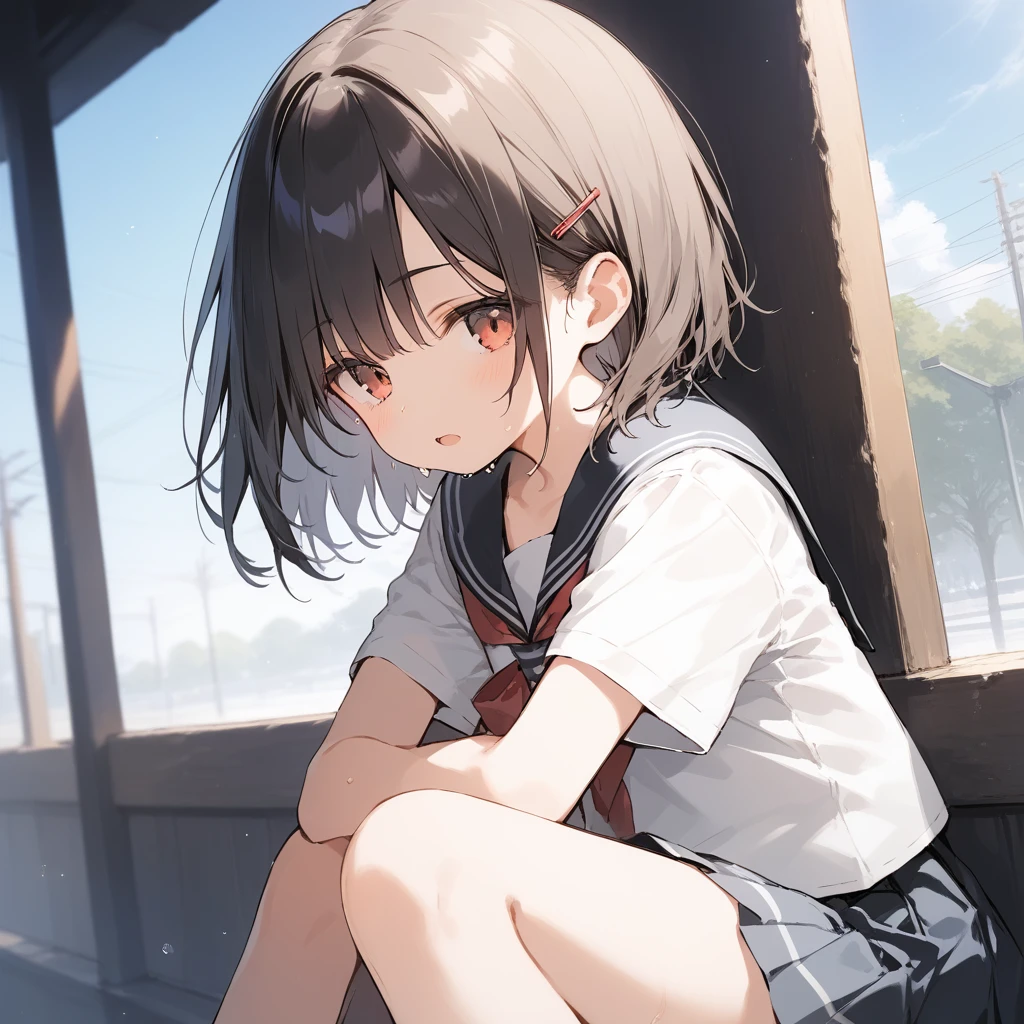 score_9, score_8_up, score_7_up, source_anime, best quality, masterpiece, official art, absurdres, highres, ultra-detailed,waifu2x,Collection: Slice of Life,break,1girl, short hair, slender, androgynous, expressionless, small breasts, beautiful detailed eyes, school_uniform, sailor collar, serahuku, bow, pleated skirt,, sweat, open mouth, sleepily, outdoors, school, break,(clear line illustration:1.2), super detailed skin,very high resolution, very aesthetic, Best sexual lighting powered by famous artist, 8k,cute picture,beauty illustration,photoshop_(medium),,(Detailed Lighting),best anime 8k konachan wallpaper, pixiv contest winner, 