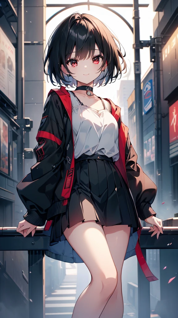 (masterpiece, highest quality, highest quality, (No text), Beautiful and aesthetic:1.2),No text,アニメ、BREAK,One Girl，Black Hair Girl　short hair　older sister　choker　Beautiful eyes　Red eyes　cool　smile　Red and Black　Black jacket　mini skirt　whole body　In town