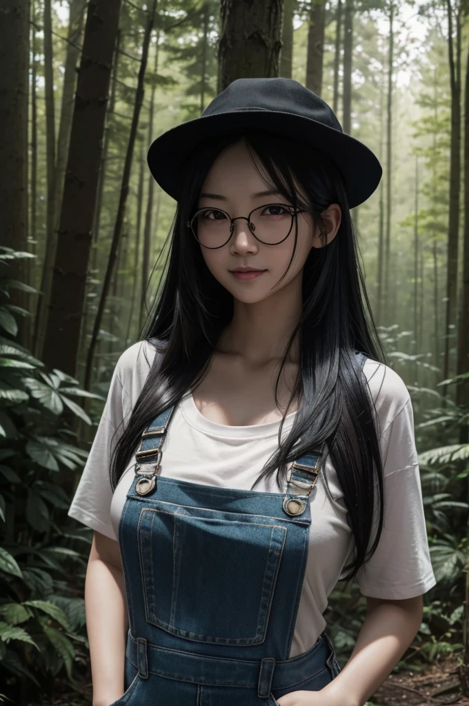 8k,Photorealistic RAW photos of the highest quality。so beautiful(Like the real thing顔) Bright colors、Image of a perfect woman,Art Station Trendasterpiece、8k resolution、Character Art,Ultra-high resolution,,Mr..々Pause,charm,sexy,Rich colors, Backlight, Cinema Lighting, Film Grain, to be born, 50mm lens, Nikon D850,compensate,Ultra-Realistic Skin,Rich colors, Backlight, Cinema Lighting, Film Grain, to be born, 50mm lens, Nikon D850,smile,In a super realistic forest,Very large breastsの,so beautiful(Like the real thing),Ultra-high resolution,Like the real thing見える肌,Horror movie shot of spooky,Very long black hair, Sadako,so beautiful(Like the real thing),Three-part method, Tone color scheme, mystery, Horror, spooky, spooky, Denis Villeneuve style, Movie stills, Cinestill 800,Fantasy art,Character Art,sexyな,Scary Form,Grudge,dissatisfaction,Very large breasts,smile,Round Glasses, green T-shirt,Overalls,sneakers,hat(Wear backwards),