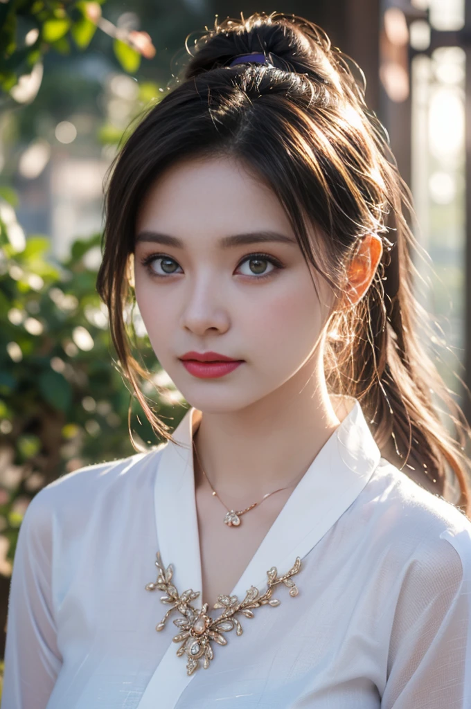 1 beautiful girl in Hanfu costume, ((white thin purple silk shirt with a lot of texture)), white lace top, long purple platinum ponytail Hair, Jewelry, ear jewelry, necklaces and necklaces, carefully drawn big purple eyes, makeup careful, thin eyebrows, high nose, beautiful red lips, no smile, pursed lips, rosy cheeks, wide breasts, big breasts, proportional breasts, slim waist, purple fishnet socks, chinese hanfu style, fictional art texture, colorful bright and realistic, RAW Photo, Realistic Photo, ultra high quality 8k surreal photo, (effective fantasy light effect: 1.8), 10x pixels, magical effect (Background): 1.8), ultradetailed eyes, full body portrait of girl , Chinese royal garden background, dynamic pose