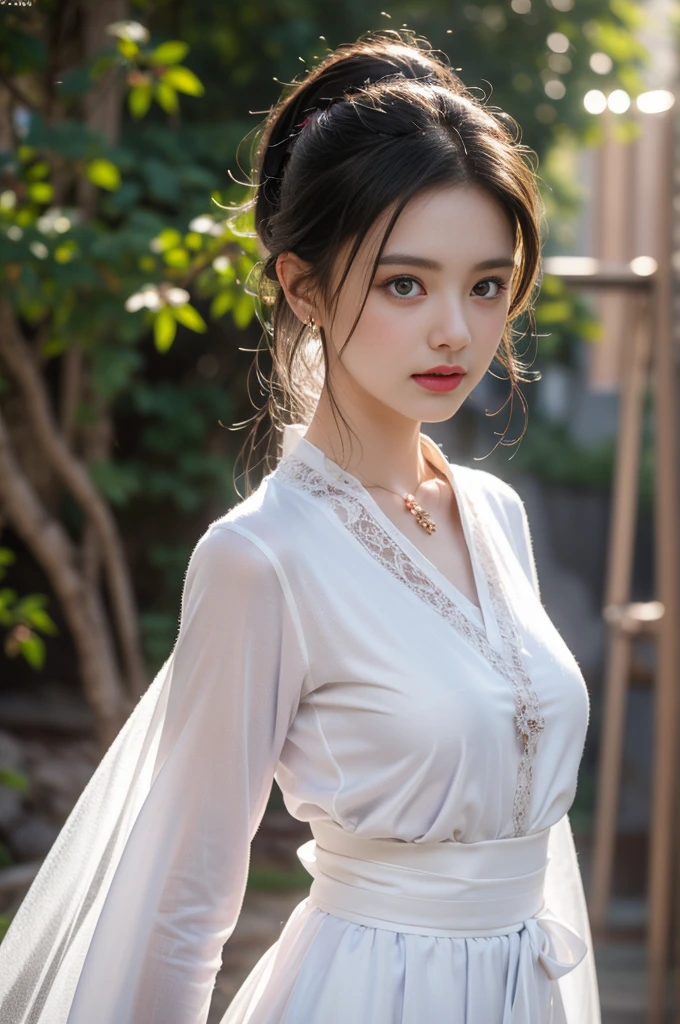 1 beautiful girl in Hanfu costume, ((white thin purple silk shirt with a lot of texture)), white lace top, long purple platinum ponytail Hair, Jewelry, ear jewelry, necklaces and necklaces, carefully drawn big purple eyes, makeup careful, thin eyebrows, high nose, beautiful red lips, no smile, pursed lips, rosy cheeks, wide breasts, big breasts, proportional breasts, slim waist, purple fishnet socks, chinese hanfu style, fictional art texture, colorful bright and realistic, RAW Photo, Realistic Photo, ultra high quality 8k surreal photo, (effective fantasy light effect: 1.8), 10x pixels, magical effect (Background): 1.8), ultradetailed eyes, full body portrait of girl , Chinese royal garden background, dynamic pose