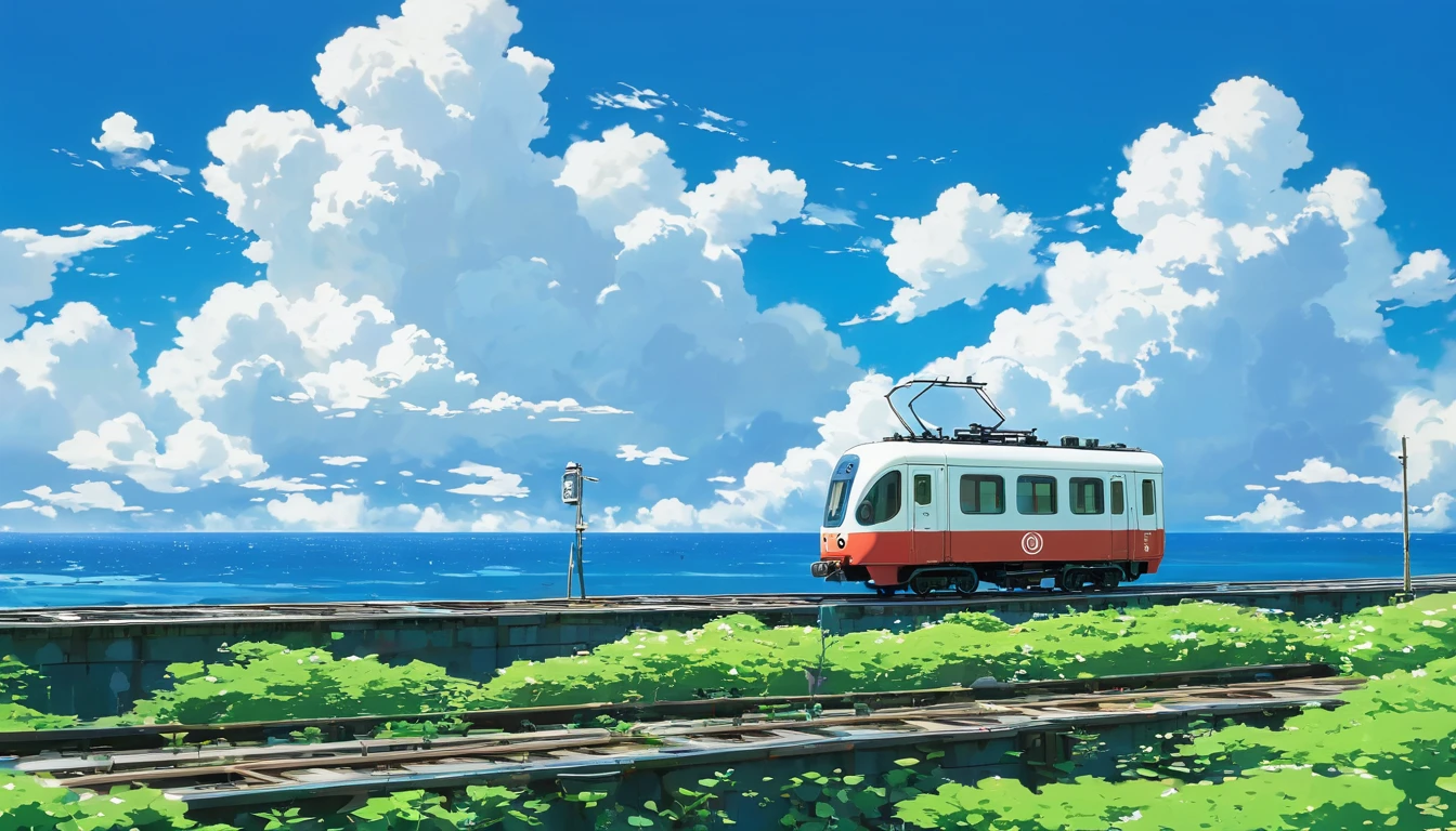 (Minimalism:1.4), Small train on the tracks、Art at Studio Ghibli, Miyazaki, Sea with blue sky and white clouds