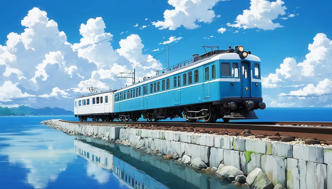 (Minimalism:1.4), Small train on the tracks、Art at Studio Ghibli, Miyazaki, Sea with blue sky and white clouds