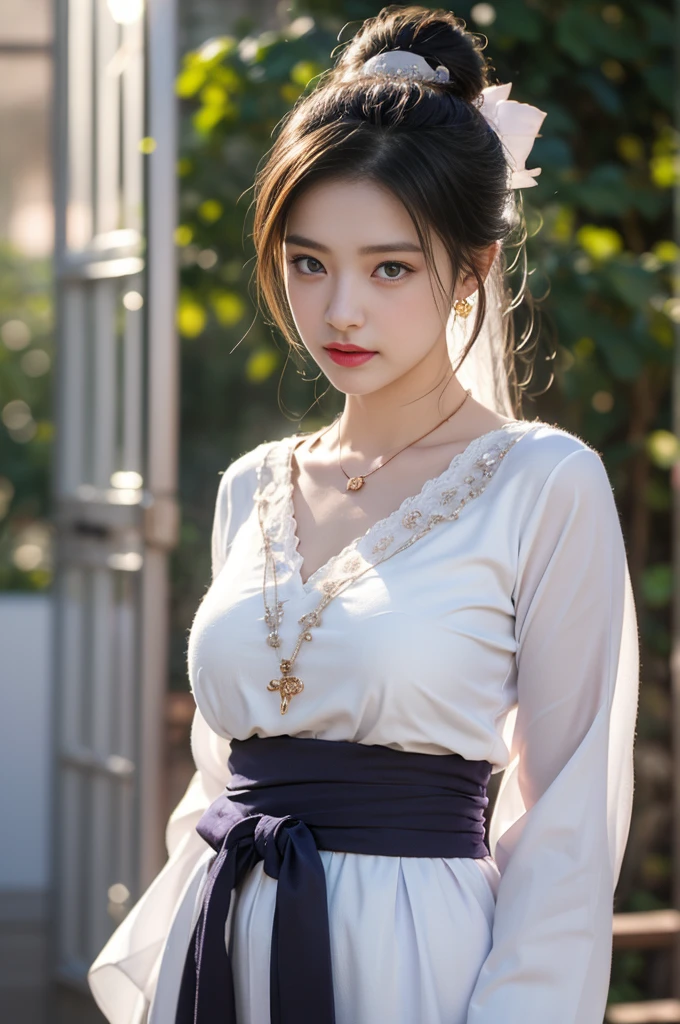 1 beautiful girl in Hanfu costume, ((white thin purple silk shirt with a lot of texture)), white lace top, long purple platinum ponytail Hair, Jewelry, ear jewelry, necklaces and necklaces, carefully drawn big purple eyes, makeup careful, thin eyebrows, high nose, beautiful red lips, no smile, pursed lips, rosy cheeks, wide , big brertional breasts, slim waisle fishnet socks, chinese hanfu style, fictional art texture, colorful bright and realistic, RAW Photo, Realistic Photo, ultra high quality 8k surreal photo, (effective fantasy light effect: 1.8), 10x pixels, magical effect (Background): 1.8), ultradetailed eyes, full body portrait of girl , Chinese royal garden background, dynamic pose
