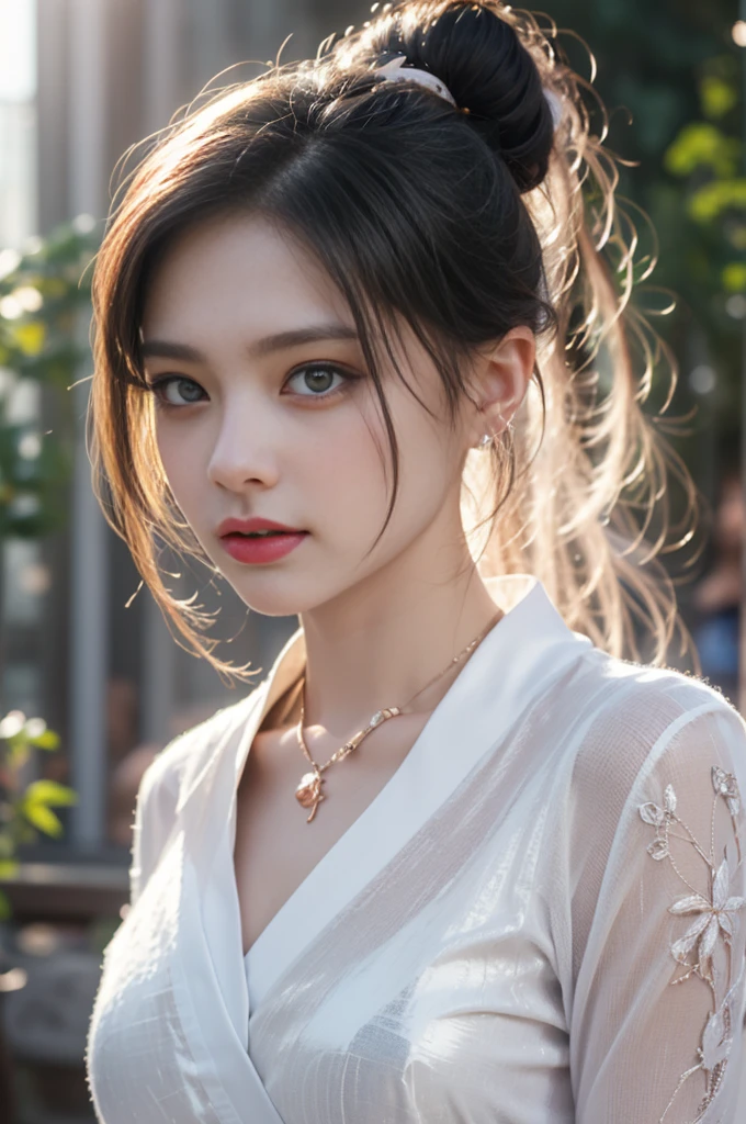 1 beautiful girl in Hanfu costume, ((white thin purple silk shirt with a lot of texture)), white lace top, long purple platinum ponytail Hair, Jewelry, ear jewelry, necklaces and necklaces, carefully drawn big purple eyes, makeup careful, thin eyebrows, high nose, beautiful red lips, no smile, pursed lips, rosy cheeks, wide breasts, big breasts, proportional breasts, slim waist, purple fishnet socks, chinese hanfu style, fictional art texture, colorful bright and realistic, RAW Photo, Realistic Photo, ultra high quality 8k surreal photo, (effective fantasy light effect: 1.8), 10x pixels, magical effect (Background): 1.8), ultradetailed eyes, full body portrait of girl , Chinese royal garden background, dynamic pose