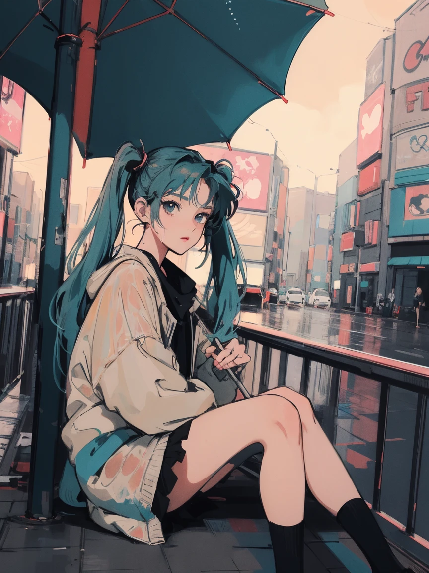 anime girl sitting on floor looking out window at city, anime aesthetic, anime vibes, Lofi Artstyle, Lo-fi portrait. anime, Lofty Girl, anime art wallpaper 4 k, anime art wallpaper 4k, anime art wallpaper 8 k, anime background art, Lofi Color, Lofi Art, anime asthetic, Twin tails, City of night, Tokyo, Wet day, Use an umbrella