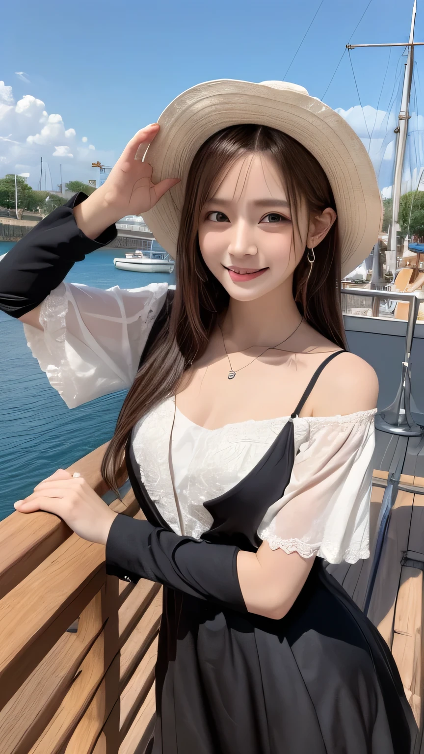 Best picture quality (8k, high resolution, Masterpiece: 1.2), super detailed, 215 Short Hair,Three braids long hair, 26-year-old woman,
Final Fantasy、yuna、On the pirate ship、on deck、Pirate costumes、Pirate's big hat、Brown Eyes , one piece Luffy's outfit
,Active Pause ,
Beside her、The thunder danced。
Focus on the waist above
, random cute pose ,big eyes ,Puffy eyes , Heart Pupil, blush , huge shy smile , salute