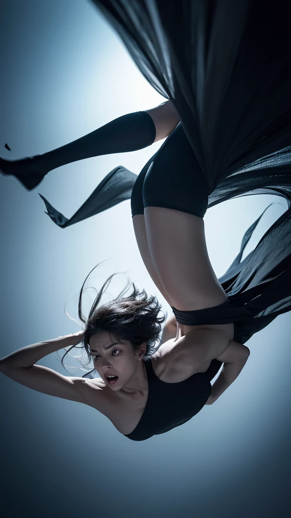 A person falling through a dark, endless void. Their arms and legs are flailing, and their expression is one of fear and shock. The background is filled with swirling shadows and hints of distant, indistinct shapes, creating a sense of disorientation and helplessness. A person falling from a great height, such as a tall building or a cliff. The sky around them is a mix of dark storm clouds and eerie, unnatural colors. Below, the ground is barely visible, shrouded in mist and shadows, giving the impression of an endless fall. The person’s face shows a mix of terror and disbelief. A surreal landscape with floating islands and impossible geometries. A person is depicted in mid-fall, with their body contorted in a way that suggests a loss of control. The background includes strange, dreamlike elements such as floating objects and distorted perspectives, enhancing the sense of unreality. A person falling through a series of increasingly distorted and abstract environments. Each layer they fall through is different, with shifting colors, shapes, and forms that evoke a sense of confusion and fear. The person's expression and body language should convey a sense of panic and helplessness. An abstract scene with a central figure in free fall. The background is a chaotic mix of swirling colors, patterns, and shapes, creating a sense of motion and instability. The person is rendered in a way that suggests movement and fear, with their body and limbs stretched out as they fall.