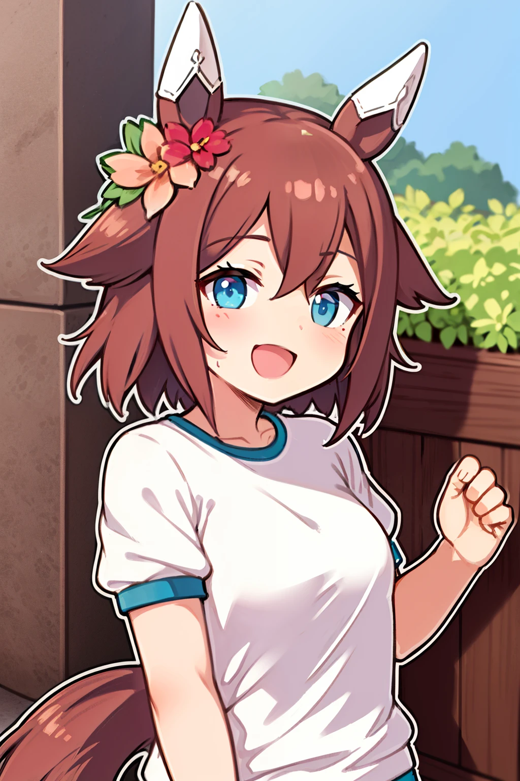 [[[masterpiece]]],[[[Highest quality]]],[[[Ultra-detailed]]],Portraiture,Uma Musume,Gym Wear,Jim Bulma,White shirt,Short sleeve,See through,Pink good,Cheek spots,Open your mouth,Look to the side.A cheerful smile,Redhead.Medium Hair.,White Stockings,8-year-old