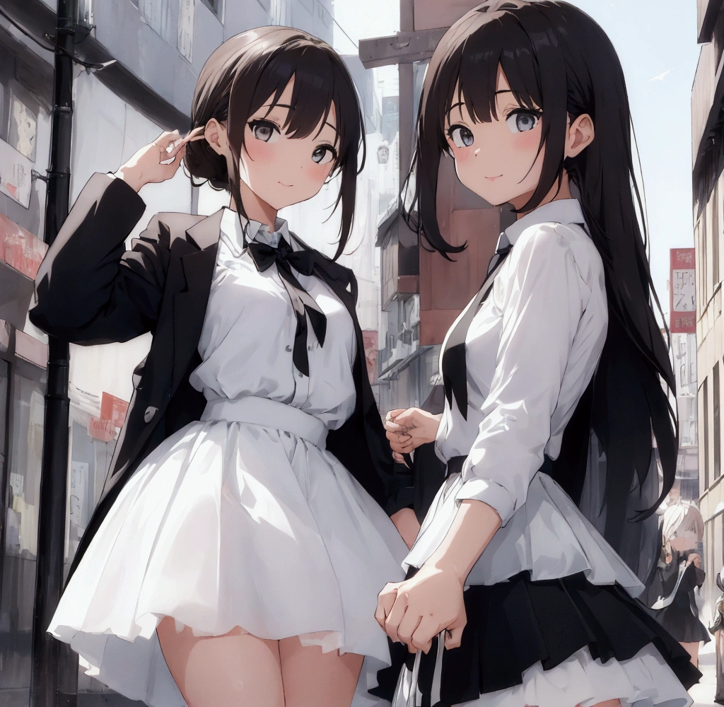 Two girls,A woman in a white tulle skirt,One was wearing a black suit