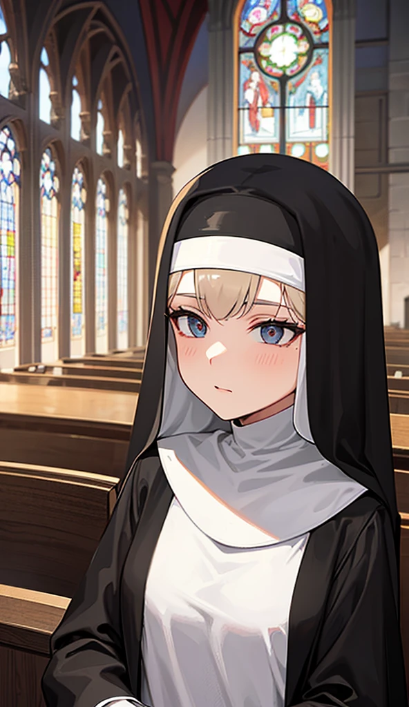 Church, Church sister, Nun's habit, Blonde, A man is poking her pussy with his penis from behind, On all fours, Blushing, Crying, Small breasts, Back view, A man's penis is being inserted into her pussy from behind, is overflowing from her pussy