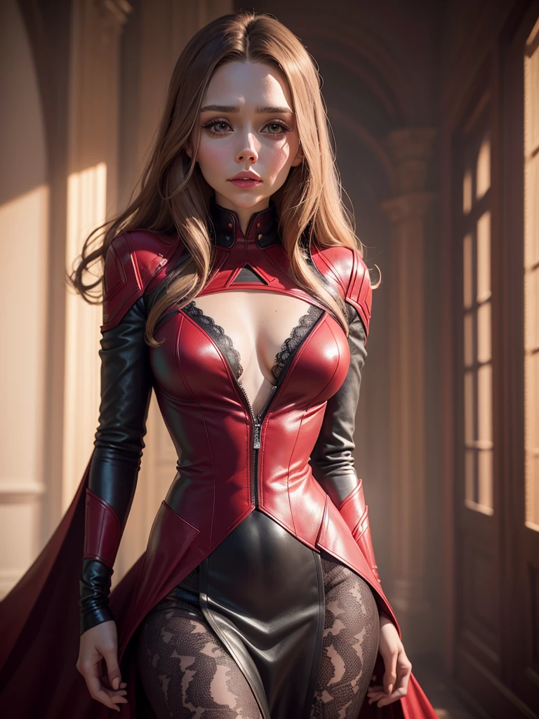 Very detailed photo of a woman, Elizabeth Olsen, Scarlet Witch, The Avengers, Wearing a black lace dress, Open red leather jacket, 8K UHD, Raw-Photo, Model photo shoot