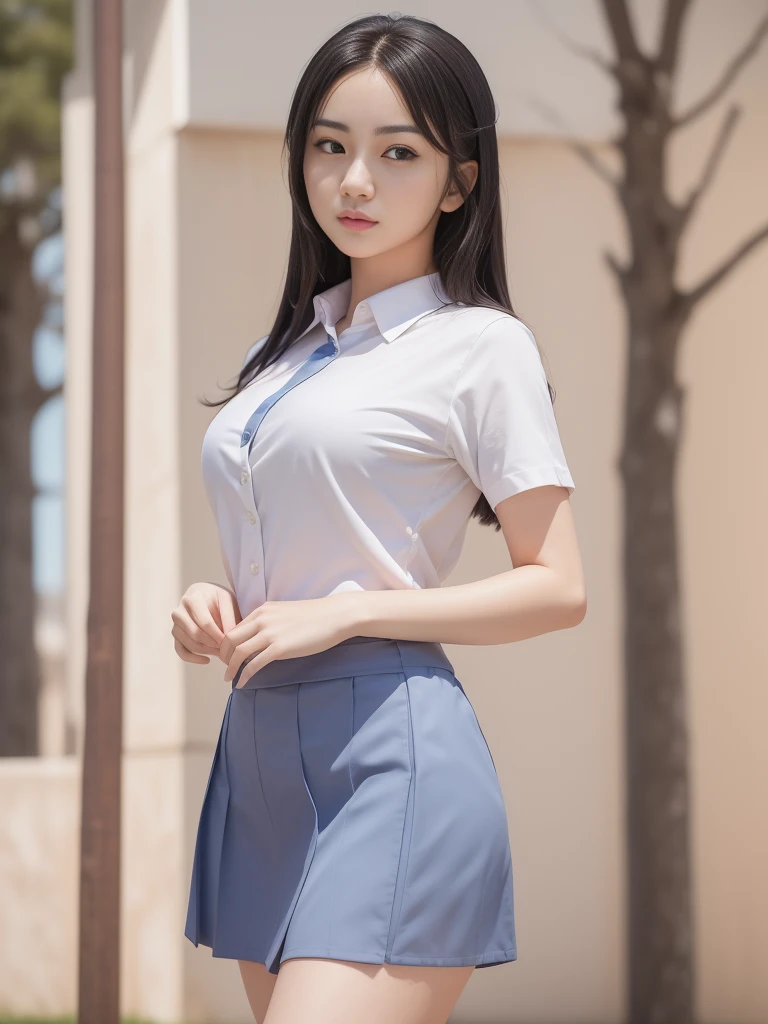 1girl, solo, (uniform), standing, outdoors, cute pose, detailed face, detailed eyes, medium breasts, smooth skin, tight white shirt, grey blue short skirt, looking at the audience, low angle shot,(8k, RAW photo, best quality, masterpiece: 1.2), (realistic, realistic: 1.37), ultra-high resolution