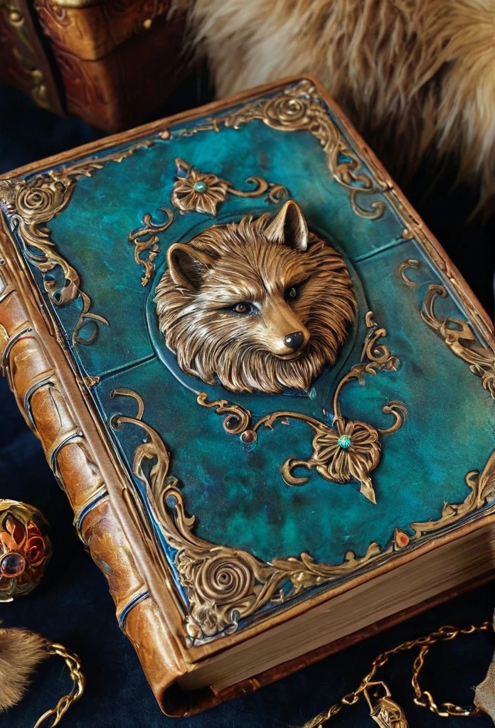 a close up of a book with furs  on it, lost grimoire, lisa parker, oct, october, loot of books, trendy, treasure chests, treasures, treasure chest, treasure, 💣 💥, book cover art, fantasy book cover, list, animal control book , lost, holding a tattered magical book, looking at the treasure box
