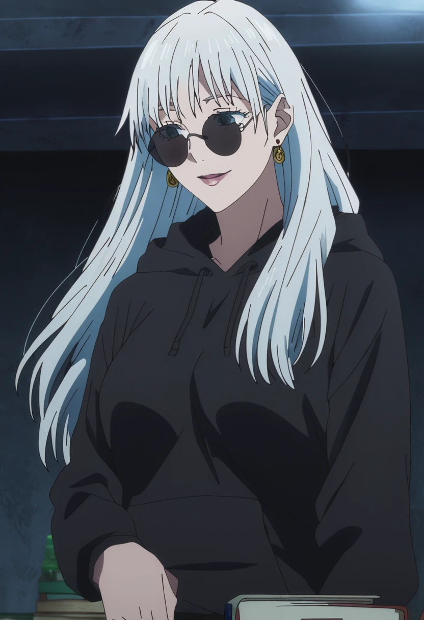 1girl, female gojo satoru, anime screencap from jujutsu kaisen, gojo satoru female version, solo, long_hair, ((wearing round sunglasses)) ((White_hair)), night view, (hanging breasts) upper_body, smile, indoors, book, lips, (long hair) ((wearing black colour hoodie)) breast, "very detailed and high resolution" ((solo)) (((front view))) (earings) ((high resolution)) ((good quality)) ((silky hair))