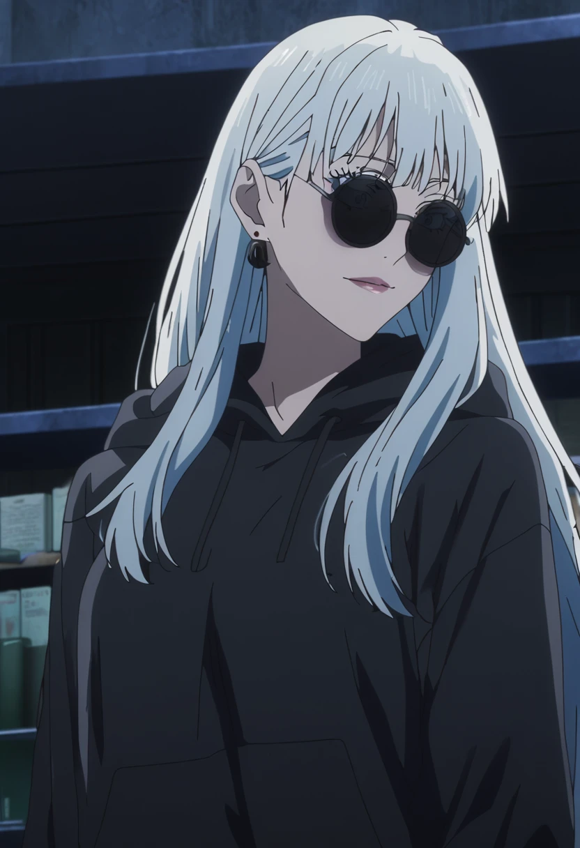 1girl, female gojo satoru, anime screencap from jujutsu kaisen, gojo satoru female version, solo, long_hair, ((wearing round sunglasses)) ((White_hair)), night view, (hanging breasts) upper_body, smile, indoors, book, lips, (long hair) ((wearing black colour hoodie)) breast, "very detailed and high resolution" ((solo)) (((front view))) (earings) ((high resolution)) ((good quality)) ((silky hair))