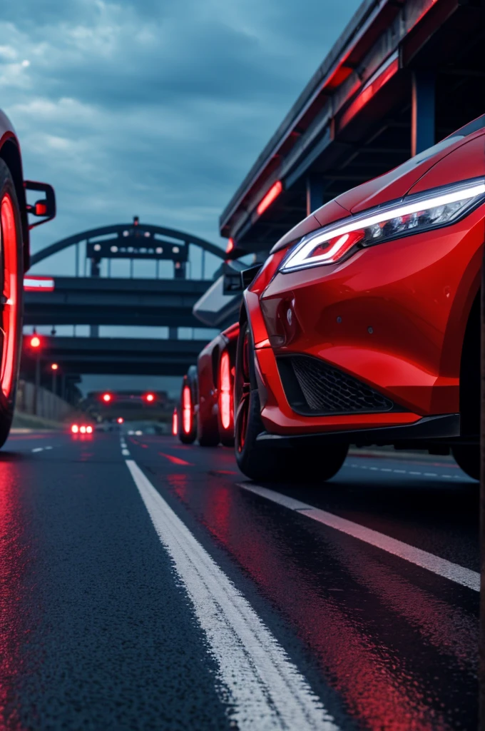 2 red and blue racers front look, stand on the road, futuristic market background, 4k resolution.