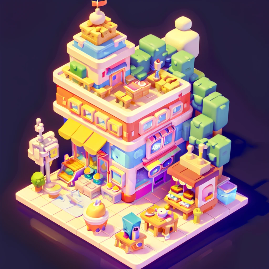 amusement park，Ferris wheel，Ice cream，dining car，camping，tent，Isometric Art, 3D Isometric, Isometric pixel art，Simple background，toon