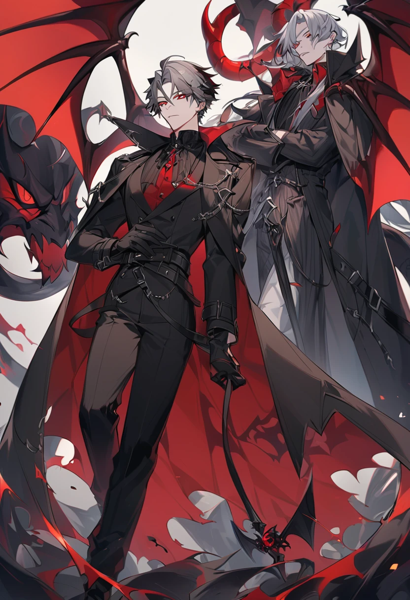 Gray Hair，Red eyes，devil，a handsome guy，devil翅膀，devil翅膀，Cape，Black trench coat，Rusmolla《saint, please&#39;Don&#39;t think strange things.》