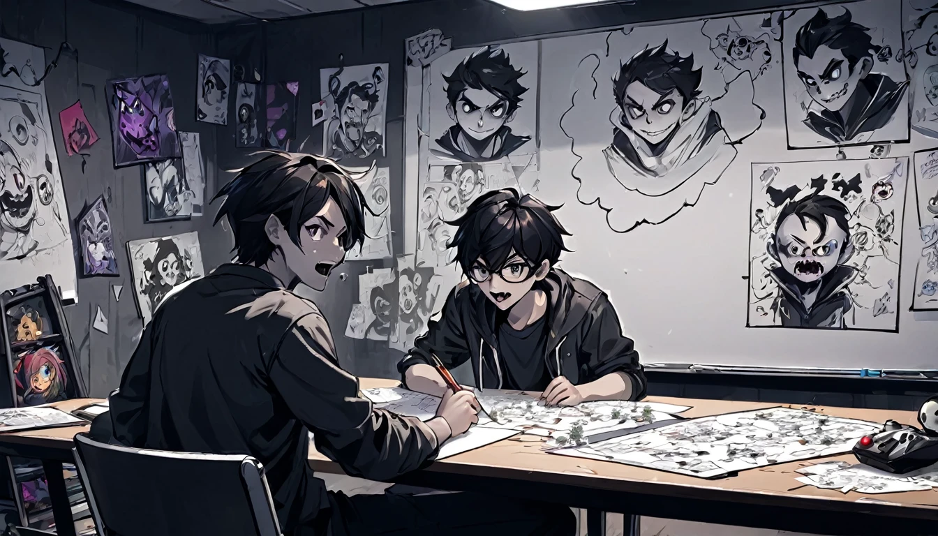A 3 gamer guys plans on a whiteboard with pictures and papers hung on it, evil dark room , there is a scary faces and Puzzles on the wall,