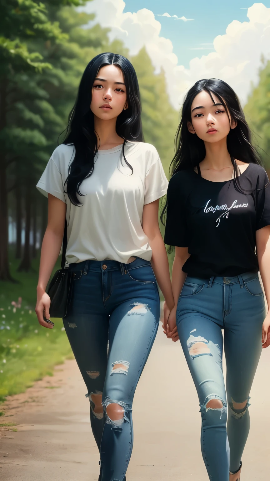 ((best quality)), ((masterpiece)), (detailed), A digital illustration of two young teenage girls with long black hair wearing plain white t-shirt and blue jeans walking surrounded by trees and a cloudy sky. They both are nervous