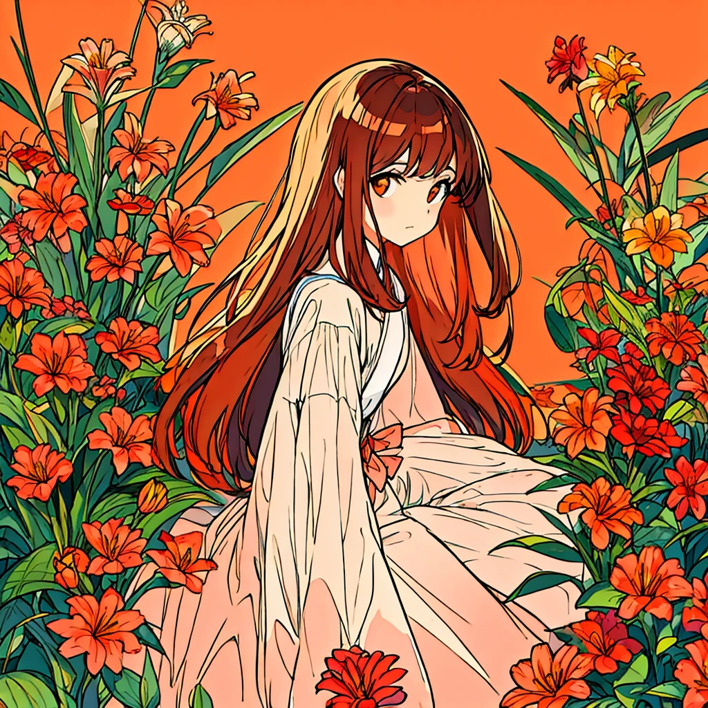 Orange plain background, lily flower, woman in white dress, brown hair, summer, nostalgic, simple